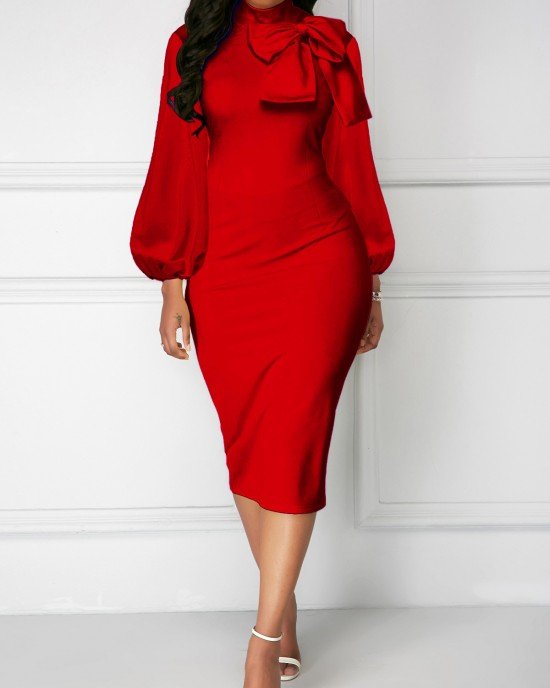 Solid Bowknot Lantern Sleeve Sheath Dress