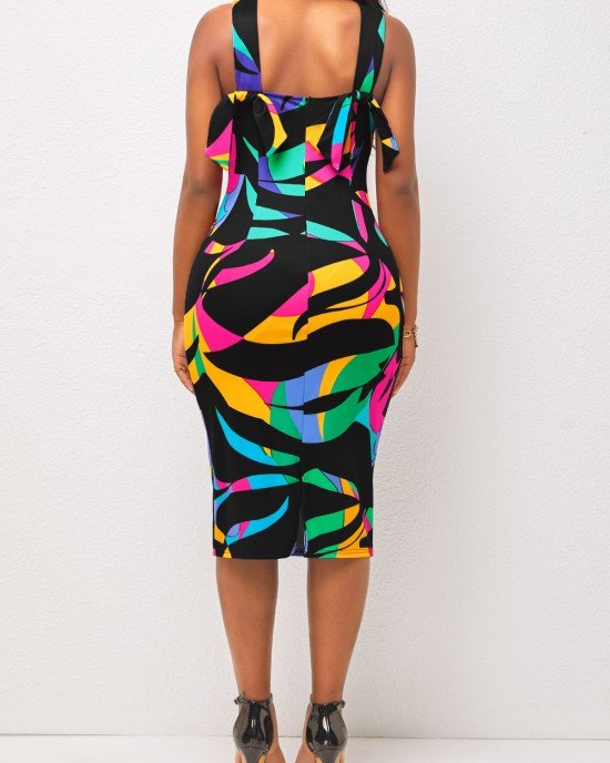 Cross Halter Tie Back Multi Color Dress