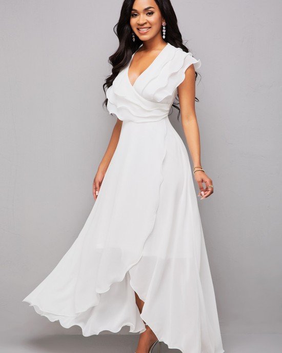 Flounce Asymmetric Hem V Neck Maxi Dress