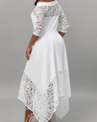 White Lace Stitching Asymmetric Hem Dress