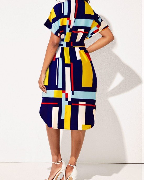 Belted Turndown Collar Geometric Print Dress