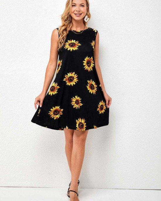 Printed Round Neck A Line Dress