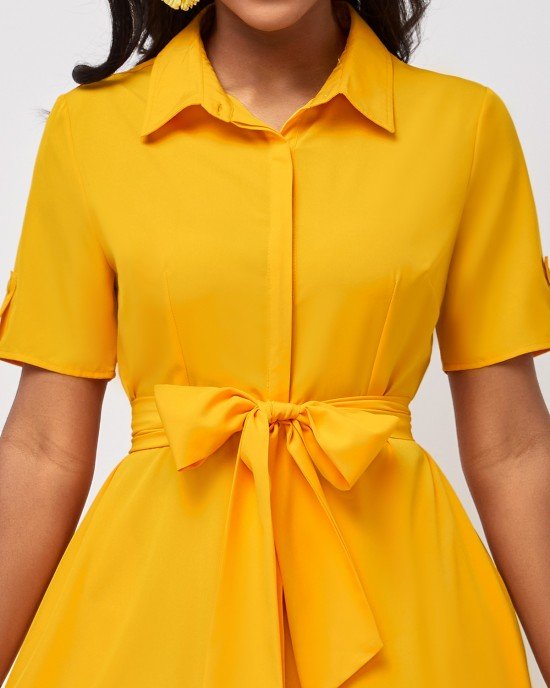 Yellow Short Sleeve Belted Turndown Collar Dress