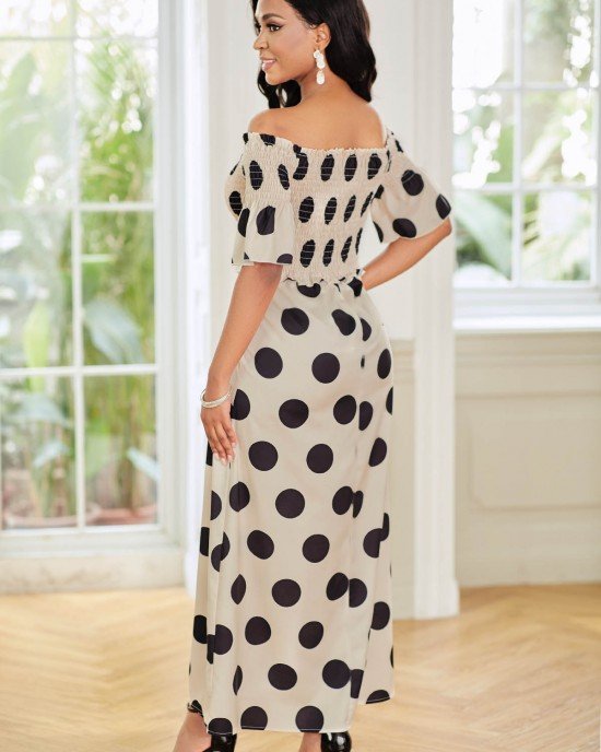 Smocked Off Shoulder Polka Dot Dress