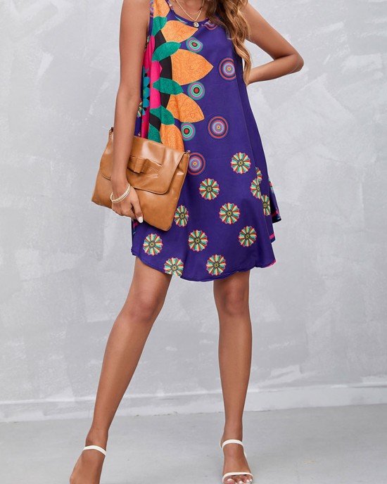 Floral Print Spaghetti Strap Purple Dress