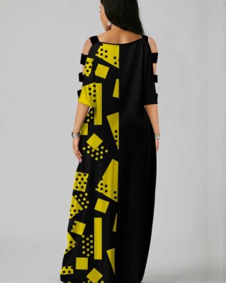 Side Pocket Geometric Print Ladder Cutout Sleeve Maxi Dress