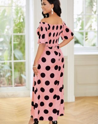 Smocked Off Shoulder Polka Dot Dress