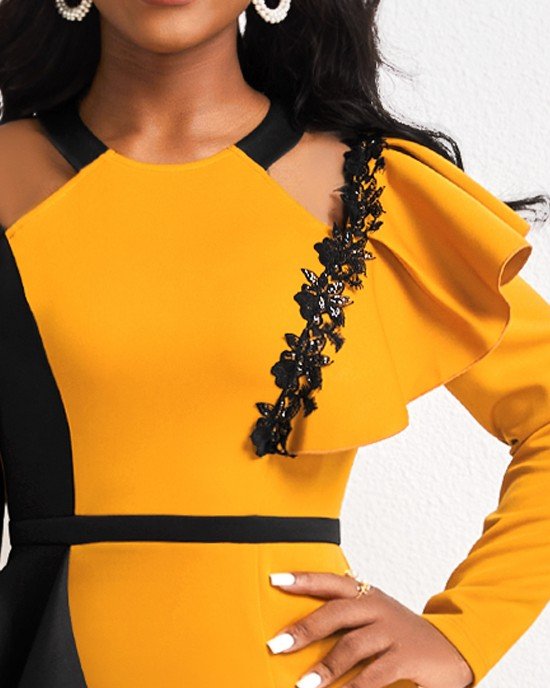 Contrast Color Ruffle Yellow Bodycon Dress