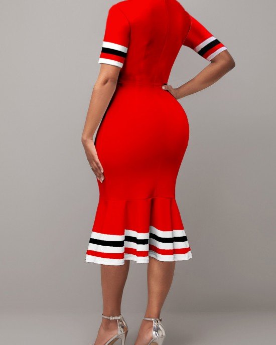 Red Stripe Print Short Sleeve Dress