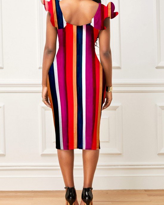 Tie Front Stripe Print Multi Color Dress