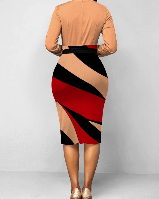 Light Coffee Belted Geometric Print Dress