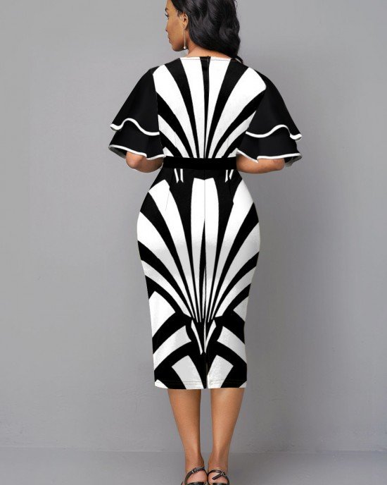 Ruffle Sleeve Stripe Print Contrast Sheath Dress