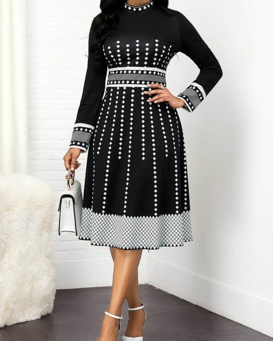 Mock Neck Geometric Print Long Sleeve Dress