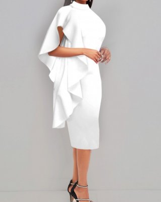 Flounce White Mock Neck Bodycon Dress