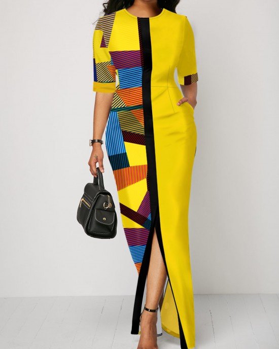 Half Sleeve Geometric Print Yellow Slit Dress