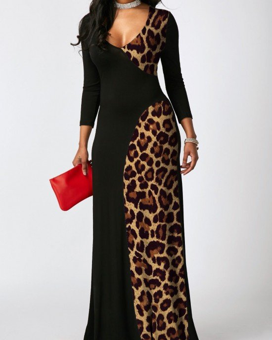 Contrast 3/4 Sleeve Leopard Maxi Dress