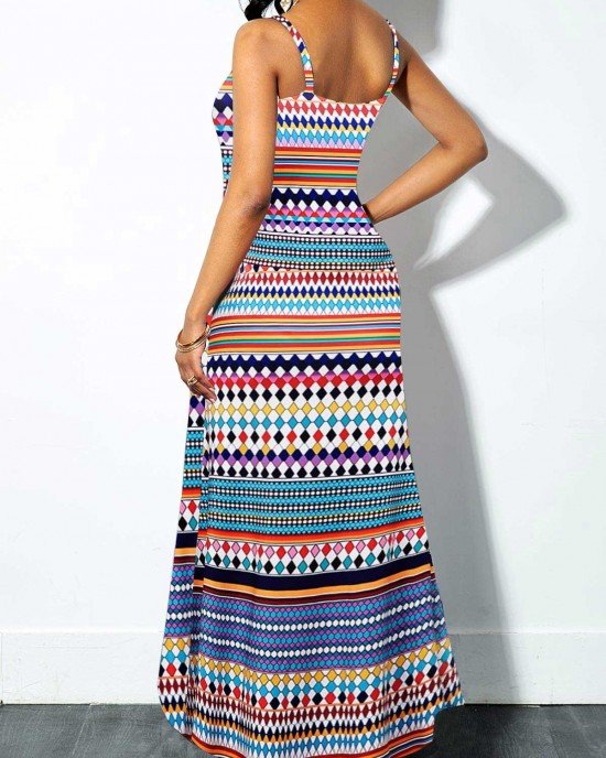 Spaghetti Strap Multi Color Geometric Print Dress