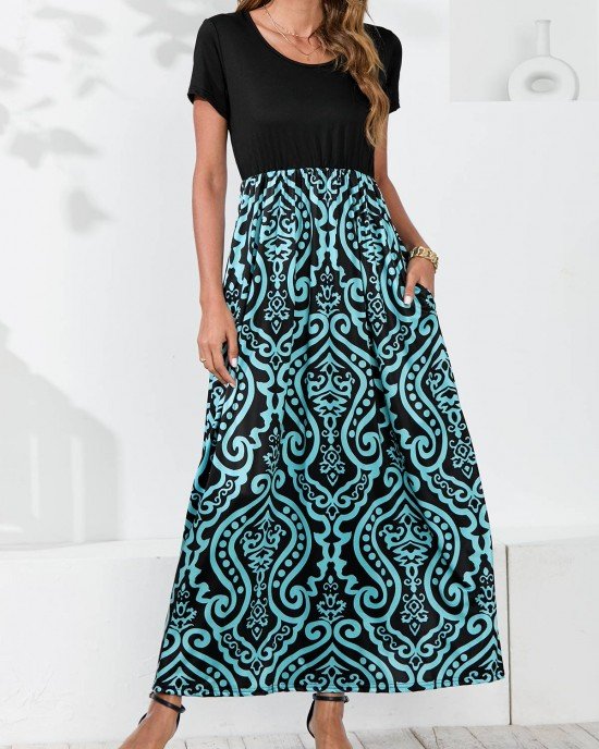 Tribal Print Cyan Round Neck Dress