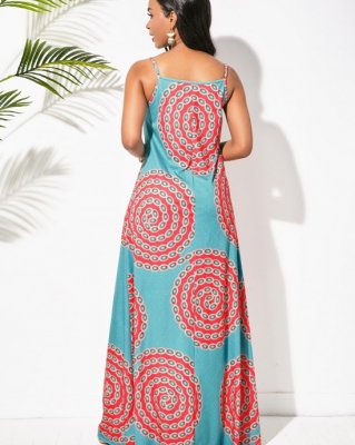 Blue Tribal Print Spaghetti Strap Dress