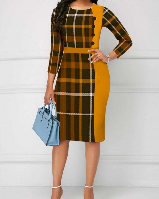 Ginger Plaid Button Round Neck Bodycon Dress