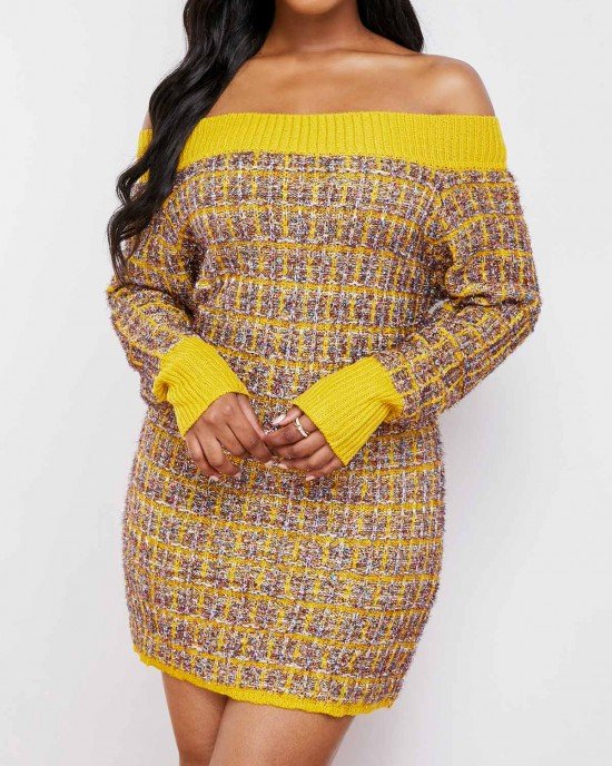 Off Shoulder Long Sleeve Contrast Sweater Dress