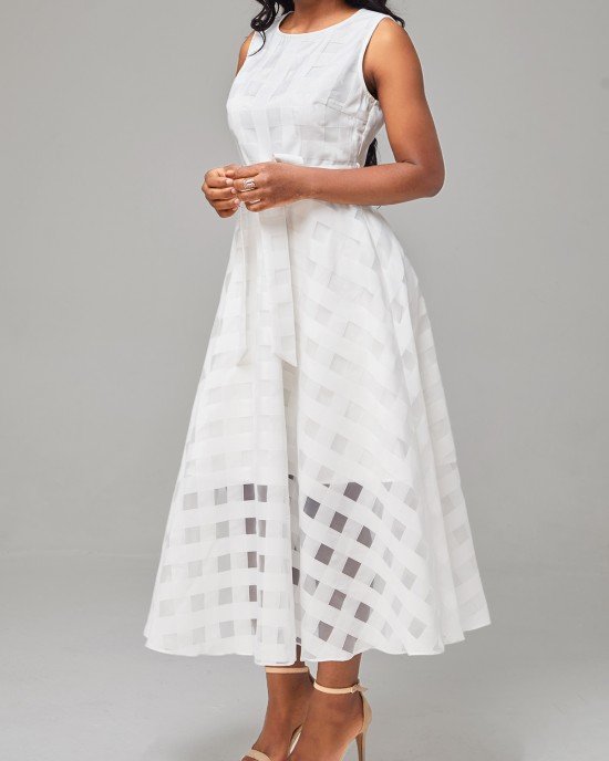 White Mesh Belted Sleeveless Round Neck Dress