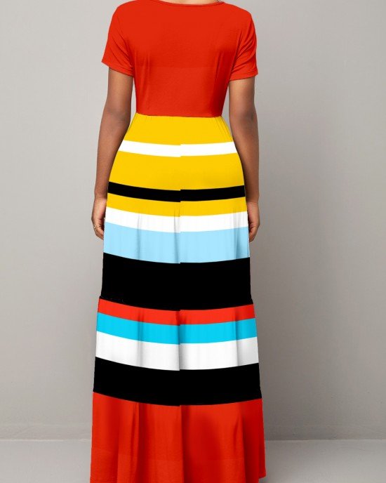 Short Sleeve Round Neck Rainbow Stripe Dress