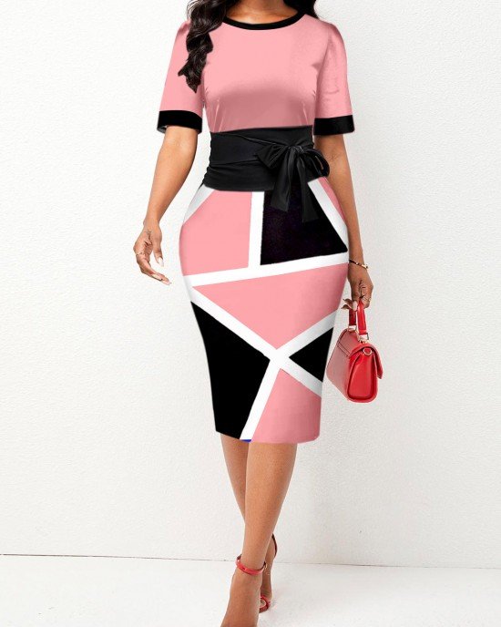 Tie Front Geometric Print Pink Short Sleeve Dress