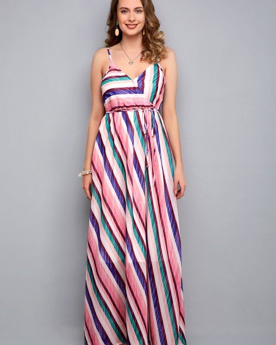 Sleeveless Drawstring Waist Striped Print Maxi Dress