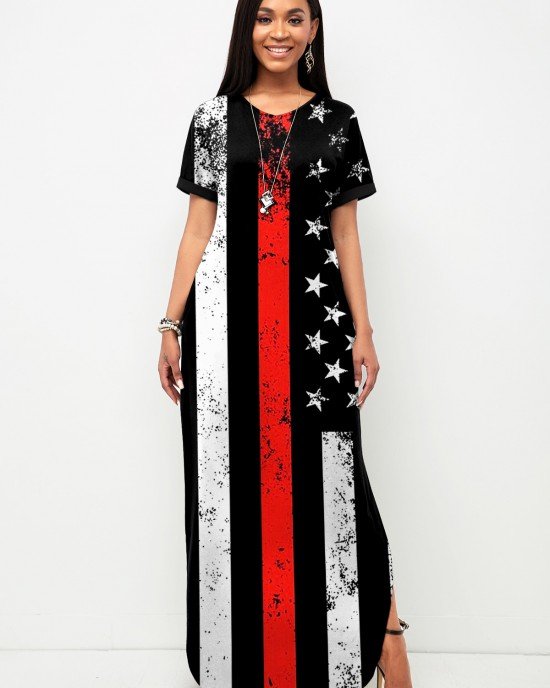 Side Slit American Flag Print Short Sleeve Dress