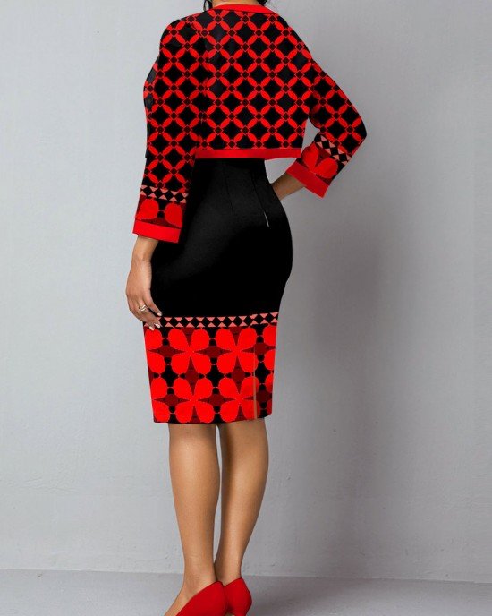 Open Front Tribal Print Cardigan and Sheath Dress