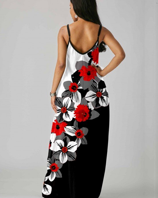 Floral Print Side Pocket Color Block Maxi Dress