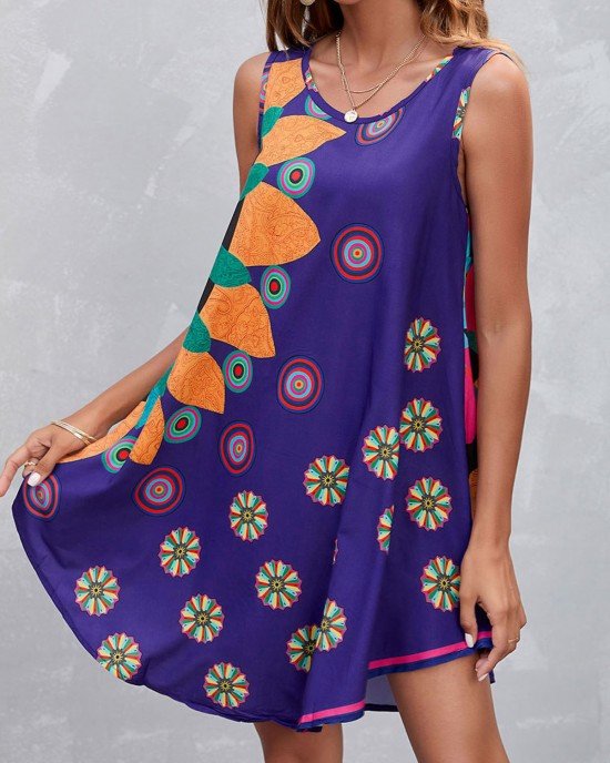 Floral Print Spaghetti Strap Purple Dress