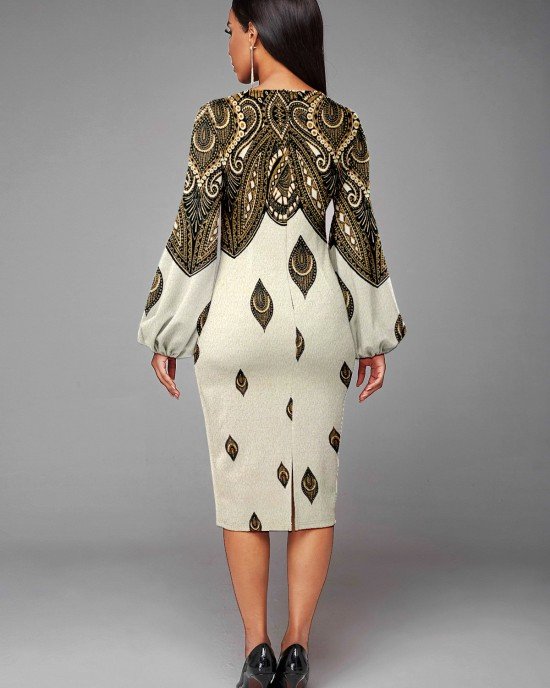 Texture Knitted Lantern Sleeve Foil Print Dress