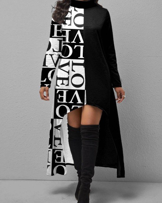 Letter Print Turtleneck Dip Hem Dress