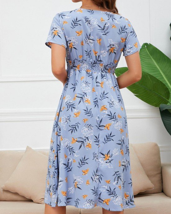 V Neck Sky Blue Leaf Print Dress