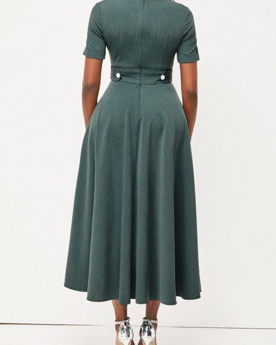 Decorative Button Split Neck Blackish Green Dress