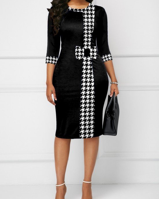 Houndstooth Print Bowknot Bodycon Dress