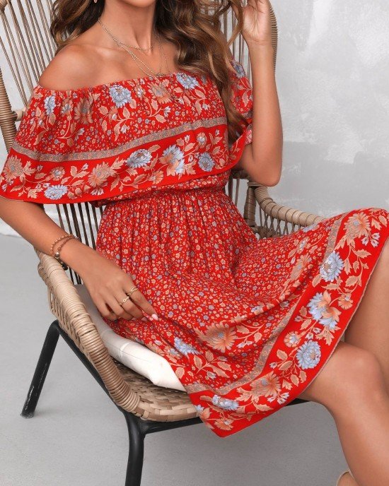 Bohemian Print Orange Red Off Shoulder Dress