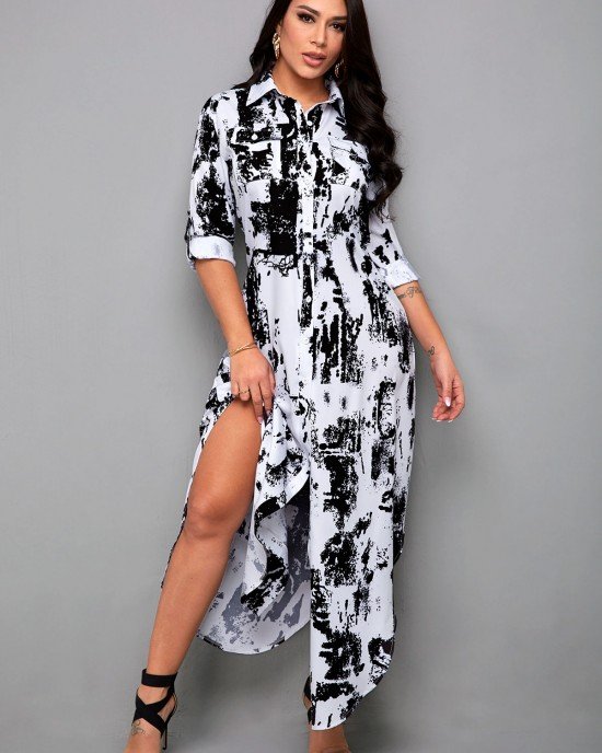 Asymmetric Hem Tie Dye Print Shirt Dress