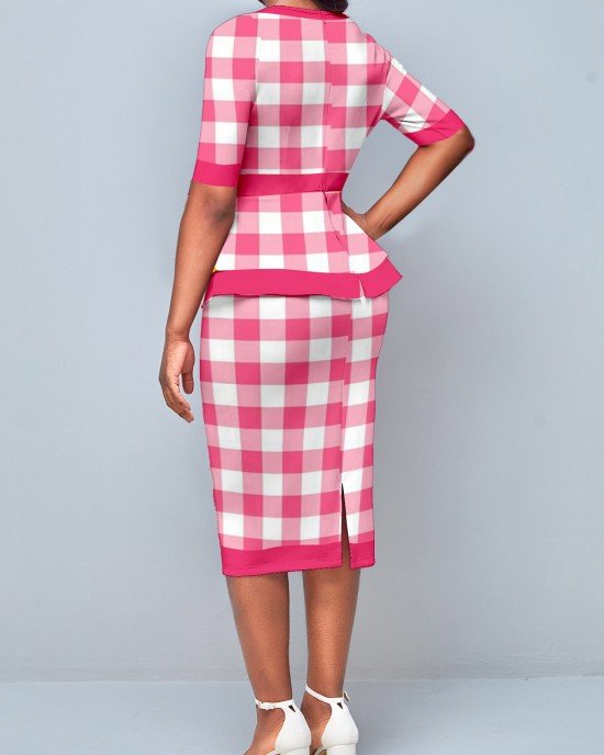 Pink Plaid Round Neck Bodycon Dress