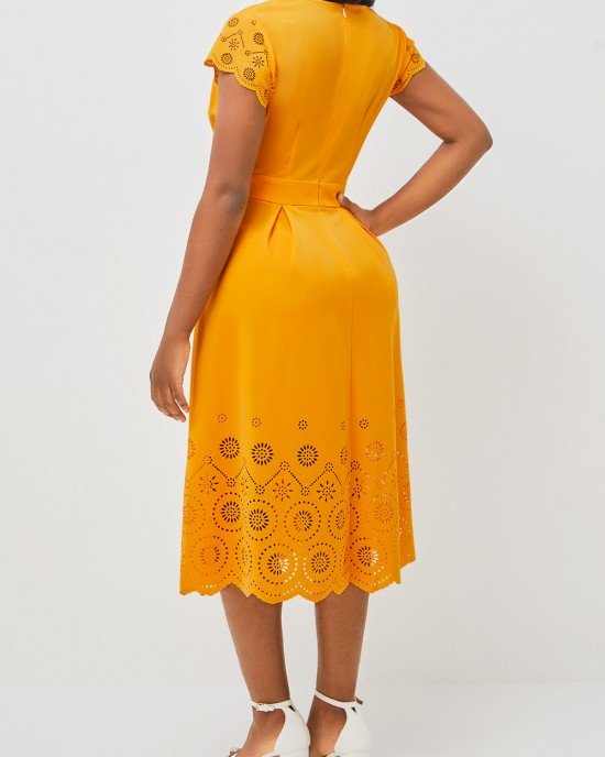 Floral Design Double Side Pockets Orange V Neck Dress