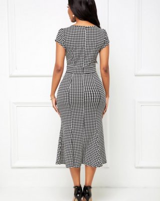 Houndstooth Print Bowknot Detail Mermaid Dress