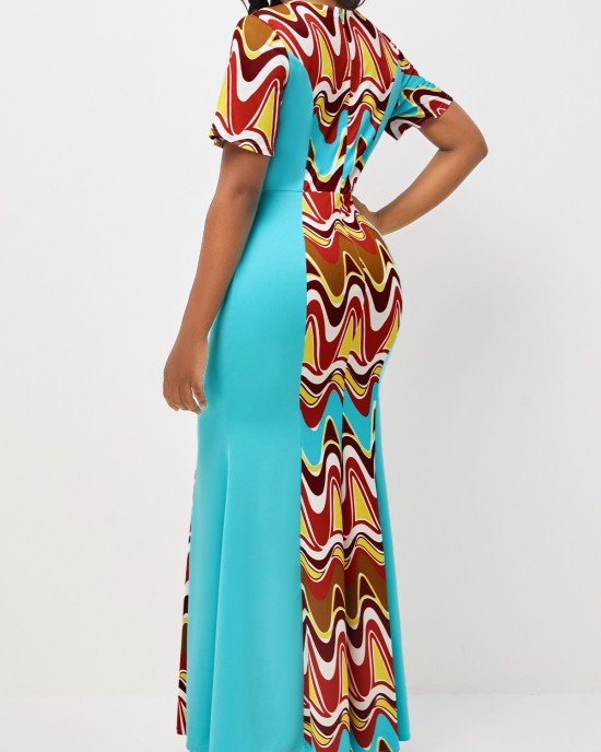 Cyan Tribal Print Short Sleeve V Neck Dress