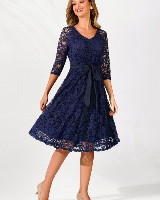 Navy Blue Belted Lace 3/4 Sleeve Dress