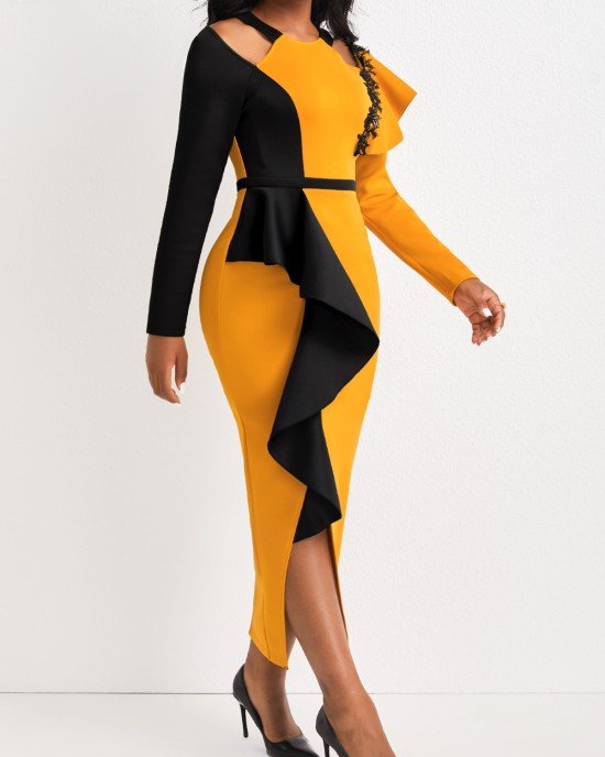 Contrast Color Ruffle Yellow Bodycon Dress