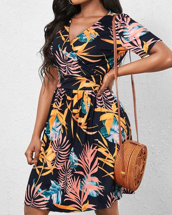 Navy Blue V Neck Leaf Print Dress