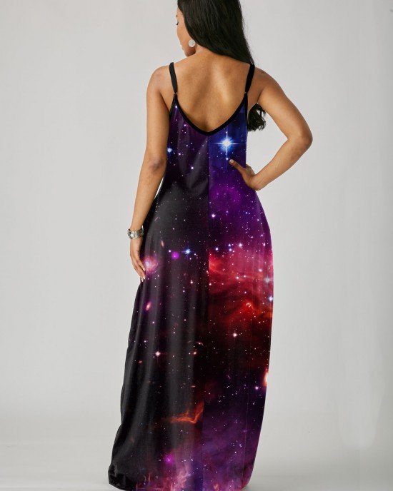 Starry Night Print Side Pocket Maxi Dress