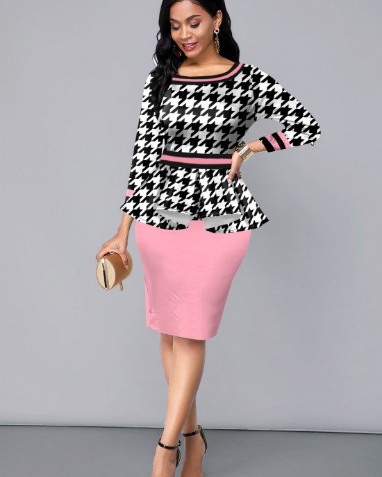 Houndstooth Print Pink Peplum Waist Dress