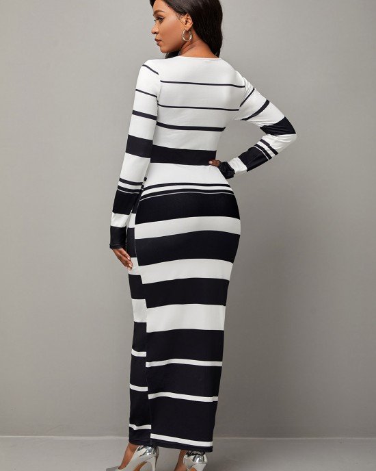 Striped Round Neck Color Block Dress